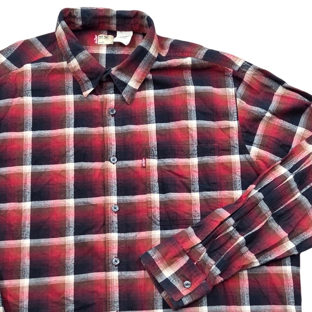 VTG Y2K Levis Red Tab Long Sleeve Red Black Plaid Button Up Shirt Mens‎ XL